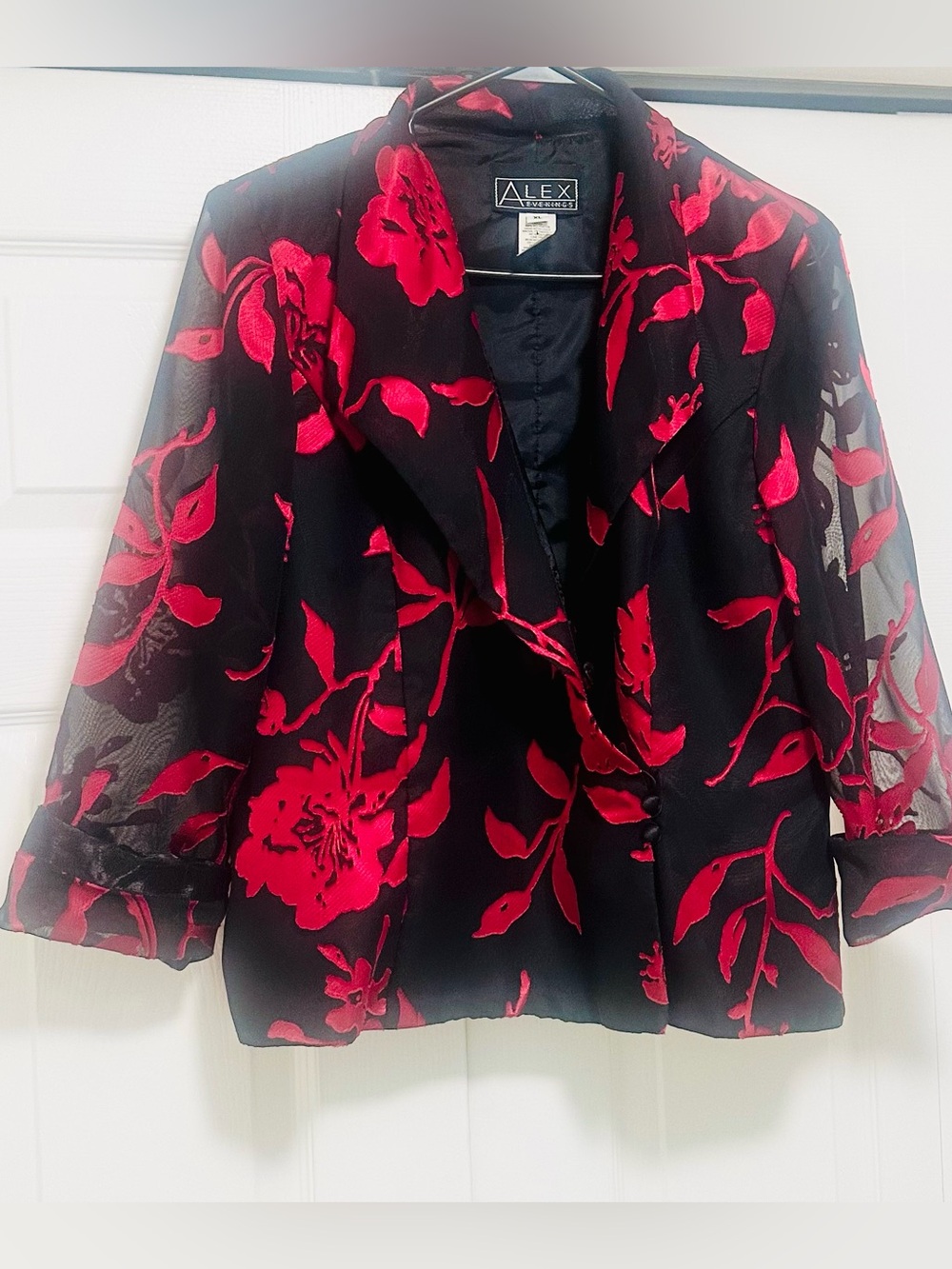 Alex Evenings Black Jacket with Red Floral Burnout - Picture 3 of 8